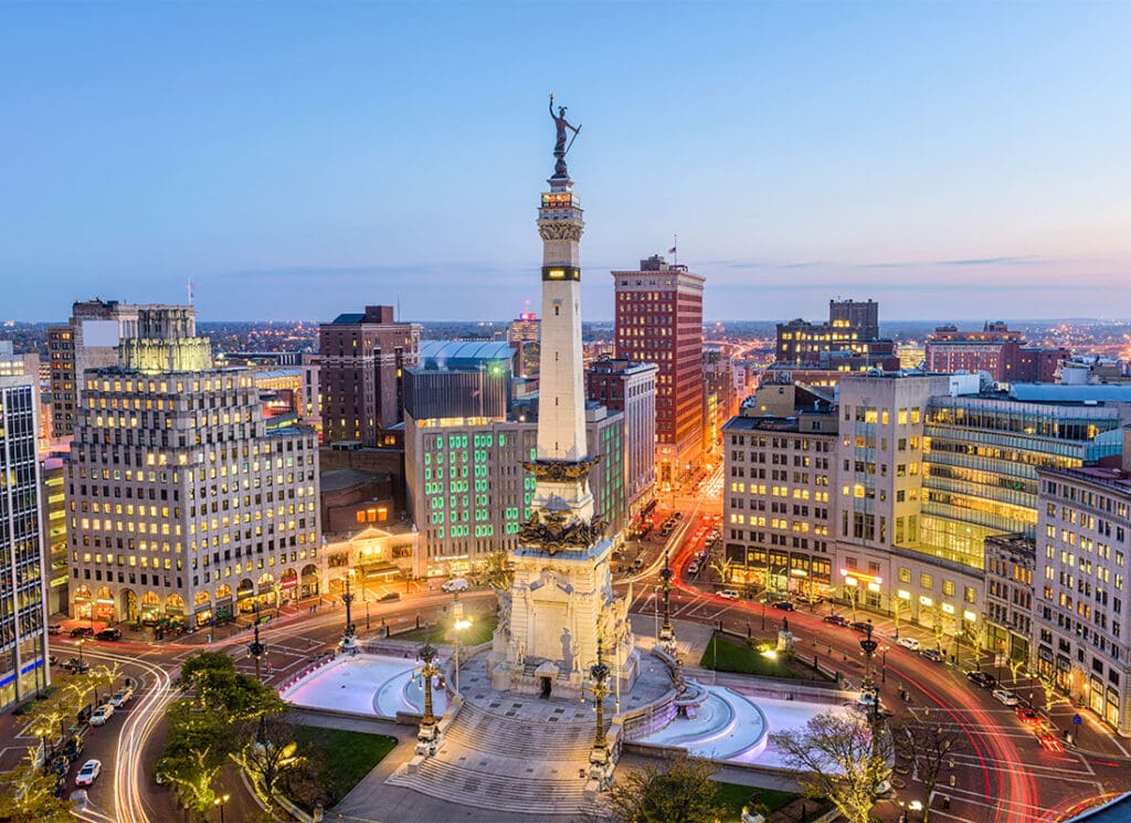 Contact - Indianapolis Indiana USA City Buildings At Dusk With Lights On
