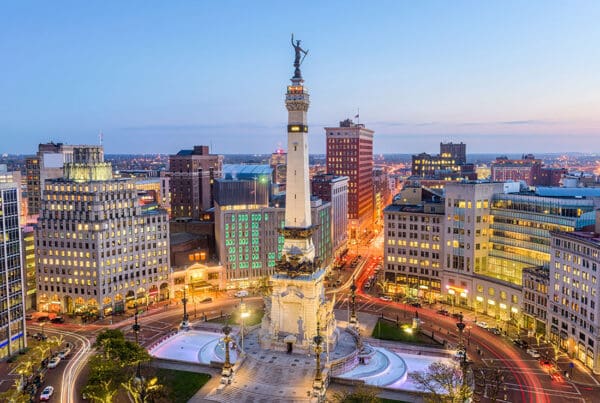 Contact - Indianapolis Indiana USA City Buildings At Dusk With Lights On